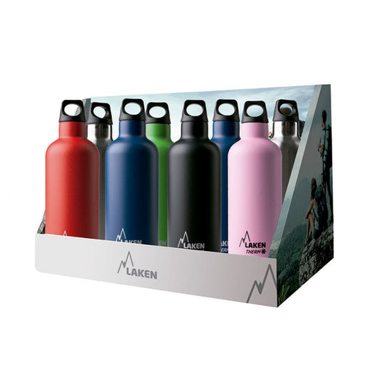 Display with 8 stainless steel thermo bottles TE5 assorted